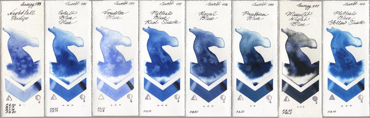 Holbein Artists Watercolor 533 Nightfall Indigo, 091 Cobalt Blue Hue, 095 Verditer Blue, 108 Phthalo Blue Red Shade, 103 Royal Blue, 097 Prussian Blue, 571 Moonlit Night Blue, 107 Phthalo Blue Yellow Sha watercolor swatch