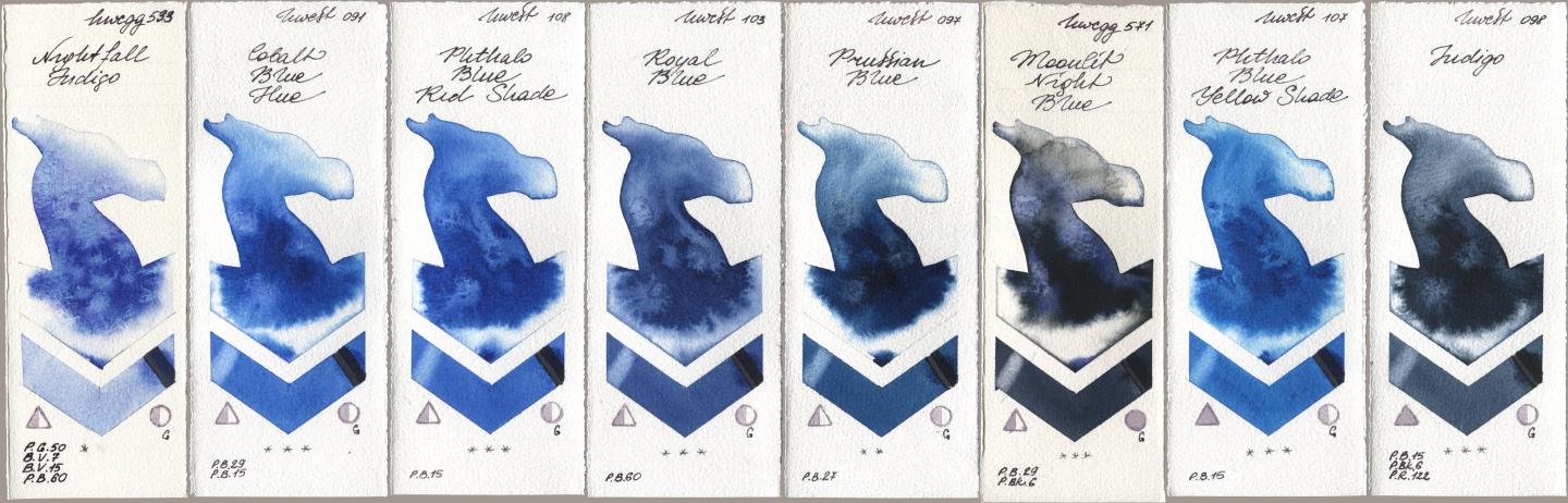 Holbein Artists Watercolor 533 Nightfall Indigo, 091 Cobalt Blue Hue, 108 Phthalo Blue Red Shade, 103 Royal Blue, 097 Prussian Blue, 571 Moonlit Night Blue, 107 Phthalo Blue Yellow Shade, 098 Indi watercolor swatch