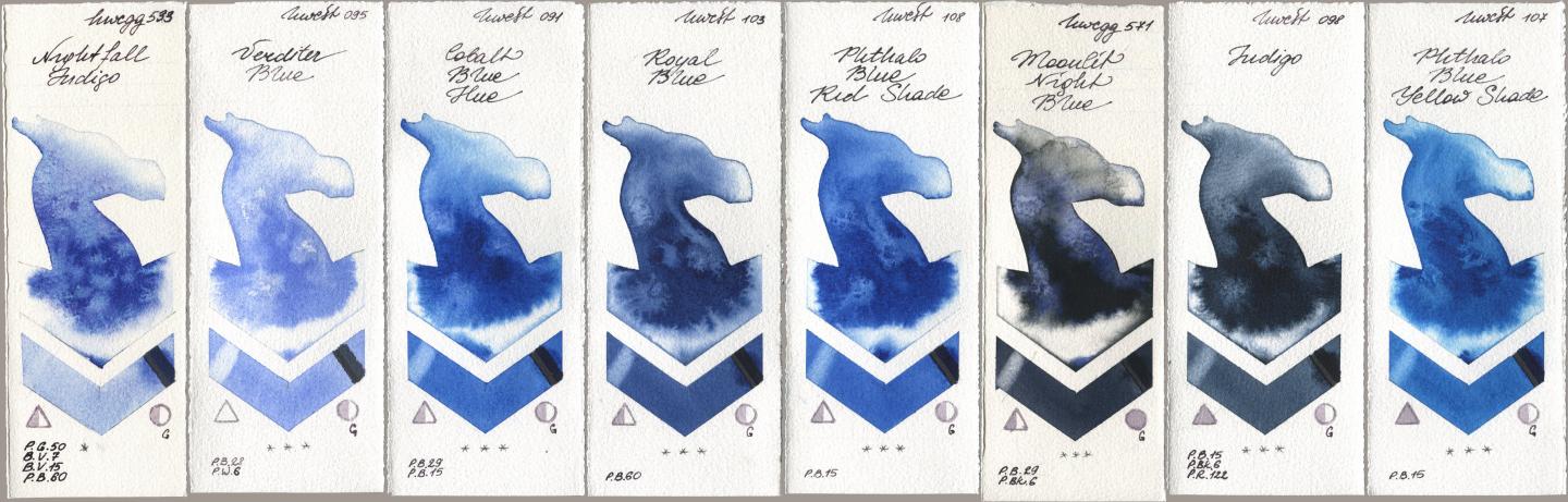 Holbein Artists Watercolor 533 Nightfall Indigo, 095 Verditer Blue, 091 Cobalt Blue Hue, 103 Royal Blue, 108 Phthalo Blue Red Shade, 571 Moonlit Night Blue, 098 Indigo, 107 Phthalo Blue Yellow Sha watercolor swatch