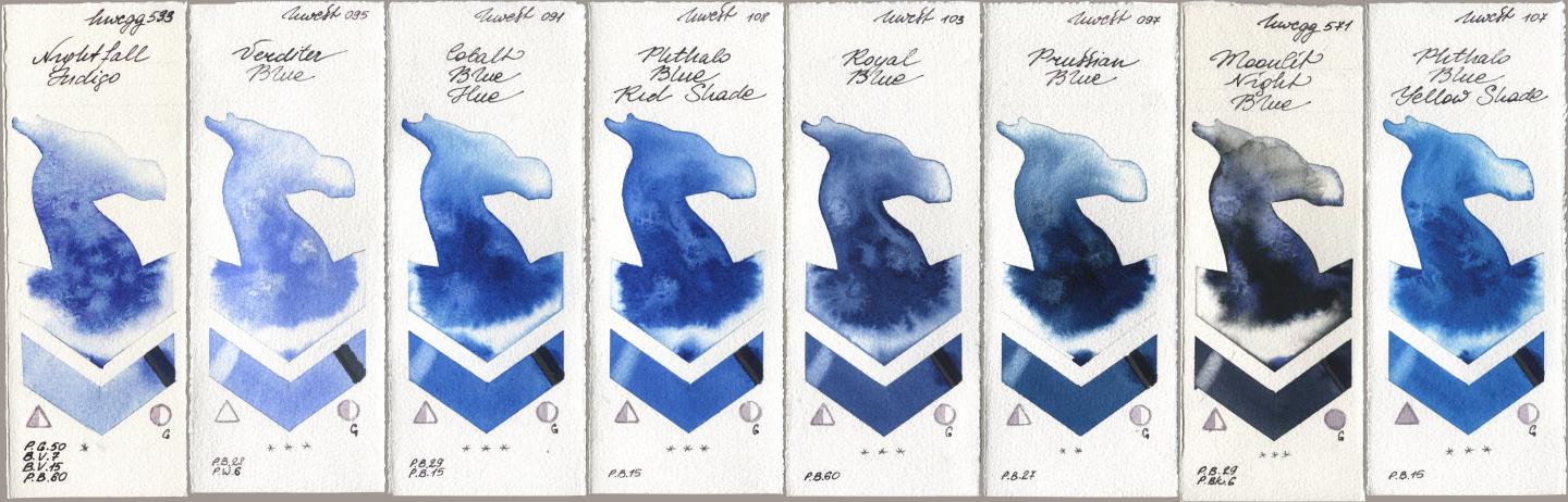 Holbein Artists Watercolor 533 Nightfall Indigo, 095 Verditer Blue, 091 Cobalt Blue Hue, 108 Phthalo Blue Red Shade, 103 Royal Blue, 097 Prussian Blue, 571 Moonlit Night Blue, 107 Phthalo Blue Yellow Sha watercolor swatch