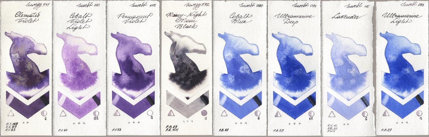 Holbein Artists Watercolor 541 Clematis Violet, 110 Cobalt Violet Light, 115 Permanent Violet, 572 Rainy-Night Moon Back, 090 Cobalt Blue, 094 Ultramarine Deep, 116 Lavender, 093 Ultramarine Lig watercolor swatch