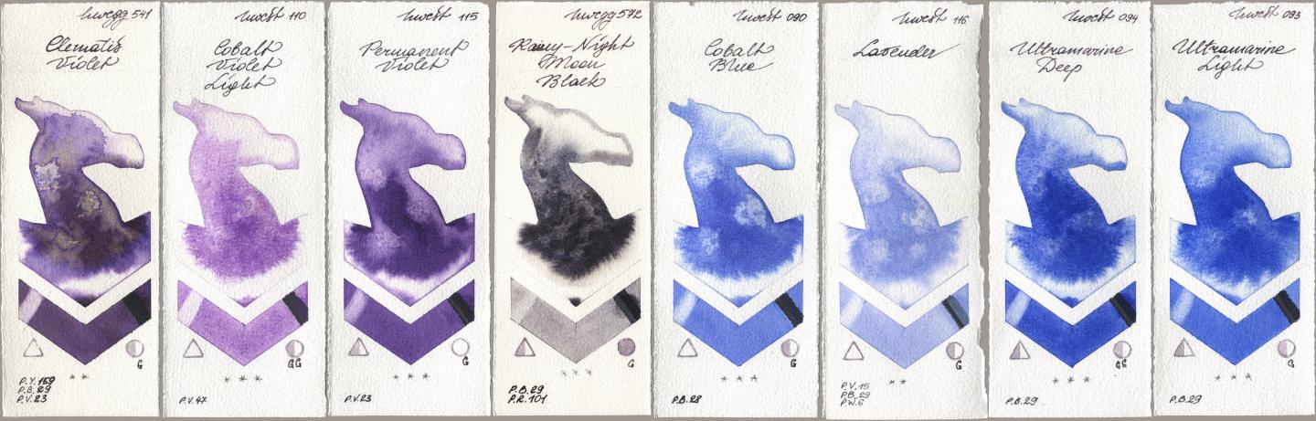 Holbein Artists Watercolor 541 Clematis Violet, 110 Cobalt Violet Light, 115 Permanent Violet, 572 Rainy-Night Moon Back, 090 Cobalt Blue, 116 Lavender, 094 Ultramarine Deep, 093 Ultramarine Lig watercolor swatch