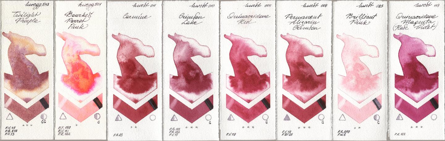 Holbein Artists Watercolor 543 Twilight Purple, 501 Bourkes Parrot Pink, 011 Carmine, 010 Crimson Lake, 005 Quinacridone Red, 009 Permanent Alizarin Crimson, 025 Brilliant Pink, 119 Quinacridone Magenta (Rose Viole watercolor swatch