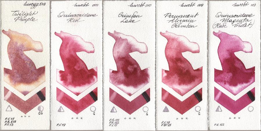 Holbein Artists Watercolor 543 Twilight Purple, 005 Quinacridone Red, 010 Crimson Lake, 009 Permanent Alizarin Crimson, 119 Quinacridone Magenta (Rose Viole watercolor swatch
