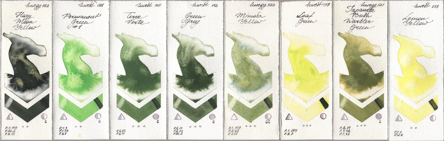 Holbein Artists Watercolor 562 Hazy Moon Yellow, 066 Permanent Green No 1, 065 Terre Verte, 152 Green Grey, 522 Mimosa Yellow, 077 Leaf Green, 521 Japanese Bush Warbler Green, 033 Lemon Yell watercolor swatch