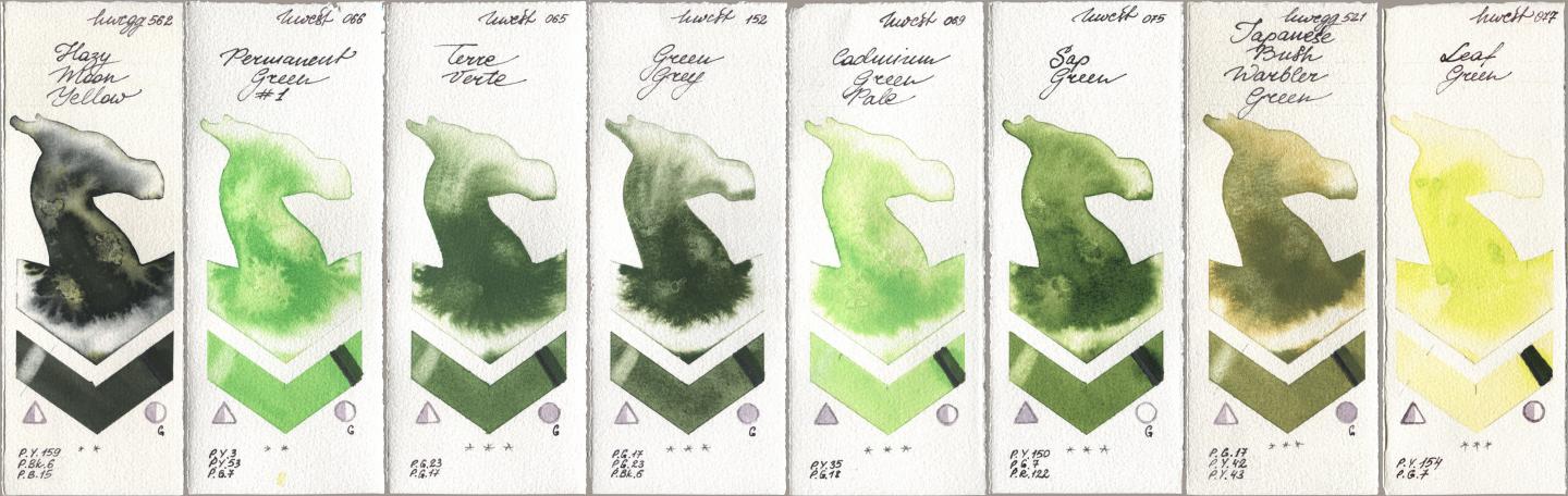 Holbein Artists Watercolor 562 Hazy Moon Yellow, 066 Permanent Green No 1, 065 Terre Verte, 152 Green Grey, 069 Cadmium Green Pale, 075 Sap Green, 521 Japanese Bush Warbler Green, 077 Leaf Gre watercolor swatch