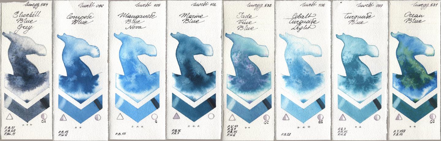 Holbein Artists Watercolor 564 Shoebill Blue Grey, 096 Compose Blue, 105 Manganese Blue Nova, 102 Marine Blue, 532 Jade Vine Blue, 106 Cobalt Turquoise Light, 099 Turquoise Blue, 531 Ocean Bl watercolor swatch