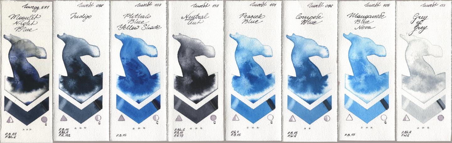 Holbein Artists Watercolor 571 Moonlit Night Blue, 098 Indigo, 107 Phthalo Blue Yellow Shade, 157 Neutral Tint, 101 Peacock Blue, 096 Compose Blue, 105 Manganese Blue Nova, 153 Grey of Gr watercolor swatch