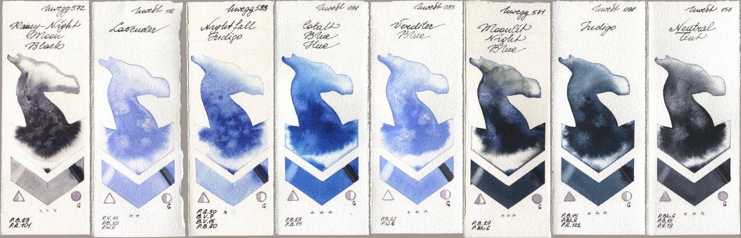 Holbein Artists Watercolor 572 Rainy-Night Moon Back, 116 Lavender, 533 Nightfall Indigo, 091 Cobalt Blue Hue, 095 Verditer Blue, 571 Moonlit Night Blue, 098 Indigo, 157 Neutral Ti watercolor swatch