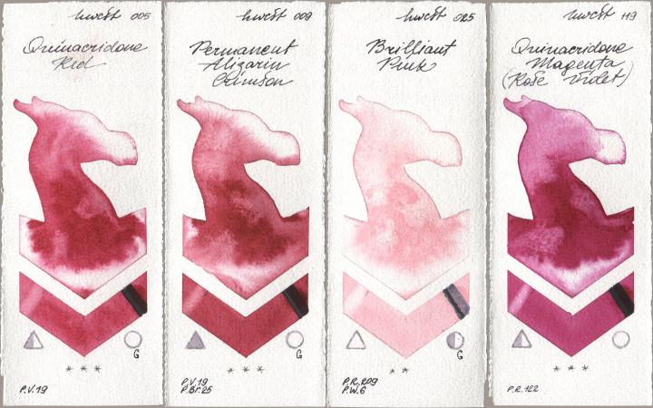 Holbein Artists Watercolor 005 Quinacridone Red, 009 Permanent Alizarin Crimson, 025 Brilliant Pink, 119 Quinacridone Magenta (Rose Viole watercolor swatch