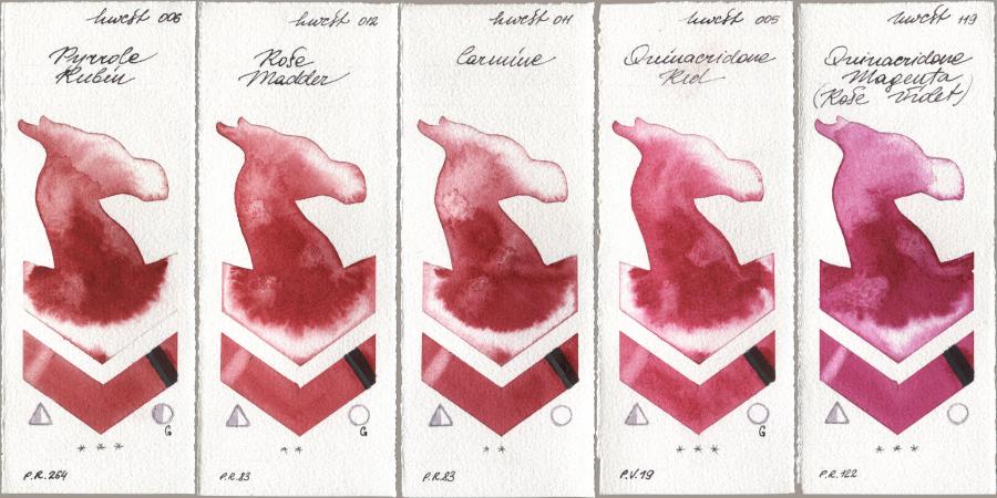 Holbein Artists Watercolor 006 Pyrrole Rubin, 012 Rose Madder, 011 Carmine, 005 Quinacridone Red, 119 Quinacridone Magenta (Rose Viole watercolor swatch