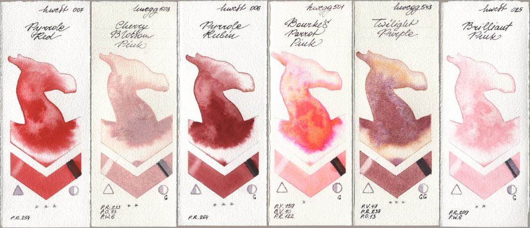Holbein Artists Watercolor 007 Pyrrole Red, 503 Cherry Blossom Pink, 006 Pyrrole Rubin, 501 Bourkes Parrot Pink, 543 Twilight Purple, 025 Brilliant Pi watercolor swatch