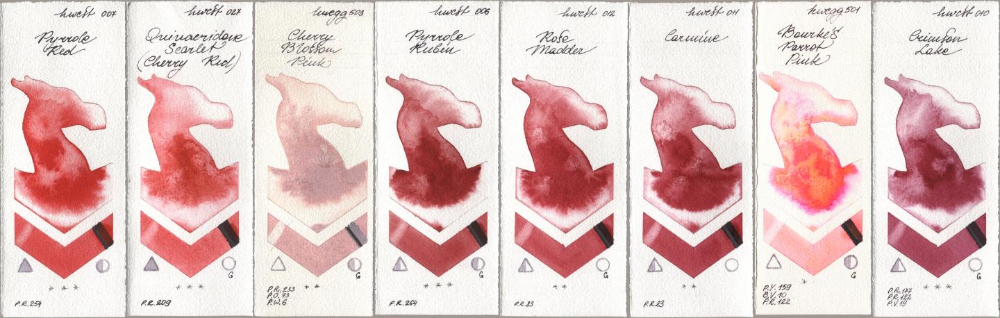 Holbein Artists Watercolor 007 Pyrrole Red, 027 Quinacridone Scarlet (Cherry Red), 503 Cherry Blossom Pink, 006 Pyrrole Rubin, 012 Rose Madder, 011 Carmine, 501 Bourkes Parrot Pink, 010 Crimson La watercolor swatch