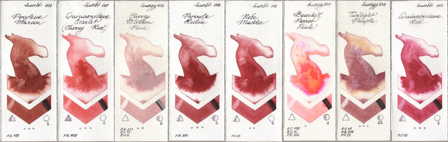 Holbein Artists Watercolor 008 Perylene Maroon, 027 Quinacridone Scarlet (Cherry Red), 503 Cherry Blossom Pink, 006 Pyrrole Rubin, 012 Rose Madder, 501 Bourkes Parrot Pink, 543 Twilight Purple, 005 Quinacridone R watercolor swatch