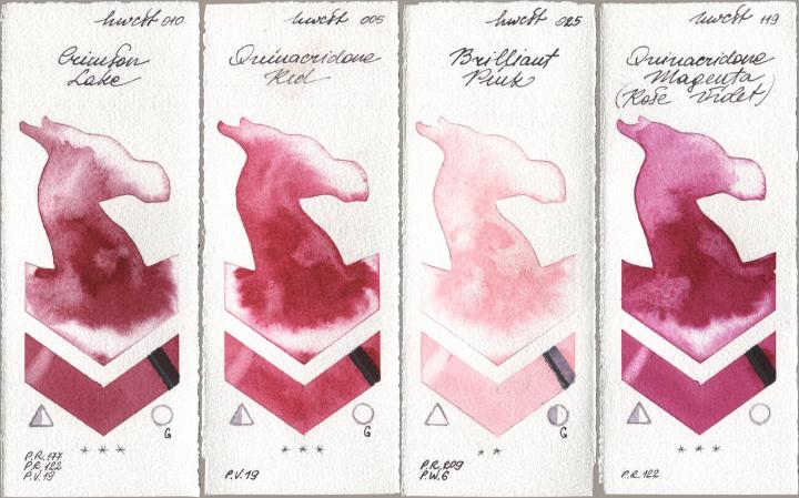 Holbein Artists Watercolor 010 Crimson Lake, 005 Quinacridone Red, 025 Brilliant Pink, 119 Quinacridone Magenta (Rose Viole watercolor swatch