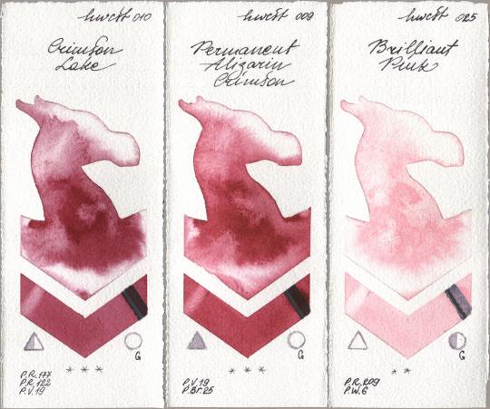 Holbein Artists Watercolor 010 Crimson Lake, 009 Permanent Alizarin Crimson, 025 Brilliant Pi watercolor swatch
