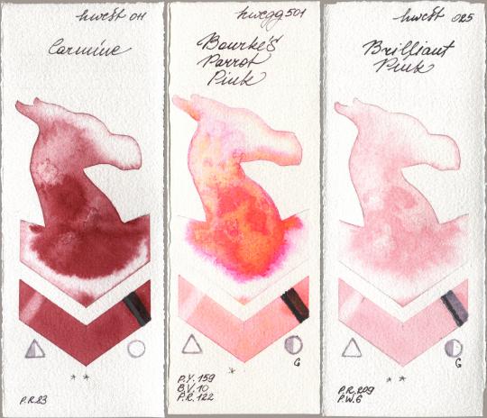 Holbein Artists Watercolor 011 Carmine, 501 Bourkes Parrot Pink, 025 Brilliant Pi watercolor swatch