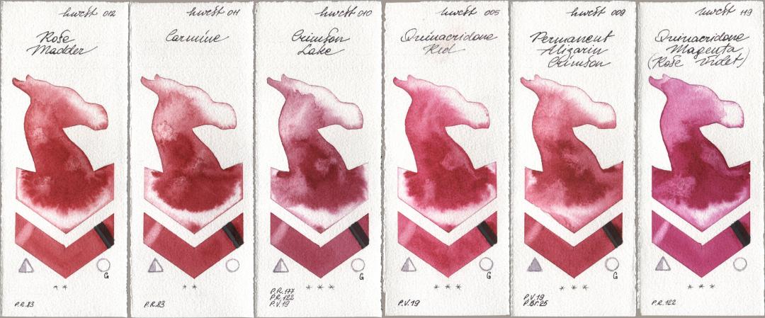 Holbein Artists Watercolor 012 Rose Madder, 011 Carmine, 010 Crimson Lake, 005 Quinacridone Red, 009 Permanent Alizarin Crimson, 119 Quinacridone Magenta (Rose Viole watercolor swatch