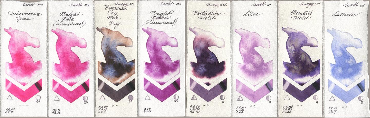 Holbein Artists Watercolor 013 Opera (Quinacridone Opera), 170 Bright Rose (Luminous), 561 Eurasian Jay Rose Grey, 175 Bright Violet (Luminous), 542 Earthshine Violet, 117 Lilac, 541 Clematis Violet, 116 Lavend watercolor swatch