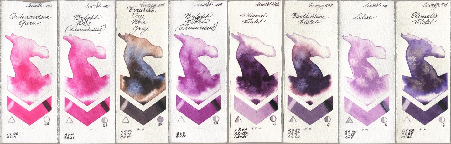 Holbein Artists Watercolor 013 Opera (Quinacridone Opera), 170 Bright Rose (Luminous), 561 Eurasian Jay Rose Grey, 175 Bright Violet (Luminous), 112 Mineral Violet, 542 Earthshine Violet, 117 Lilac, 541 Clematis Viol watercolor swatch