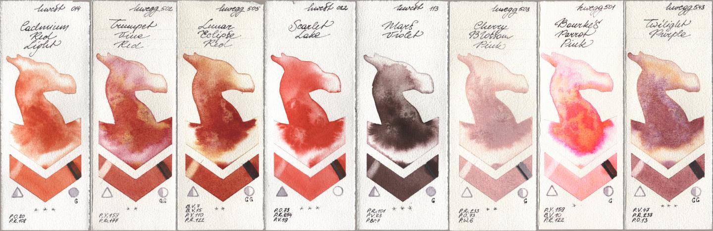 Holbein Artists Watercolor 014 Cadmium Red Light, 502 Trumpet Vine Red, 505 Lunar Eclipse Red, 022 Scarlet Lake, 113 Mars Violet, 503 Cherry Blossom Pink, 501 Bourkes Parrot Pink, 543 Twilight Purp watercolor swatch