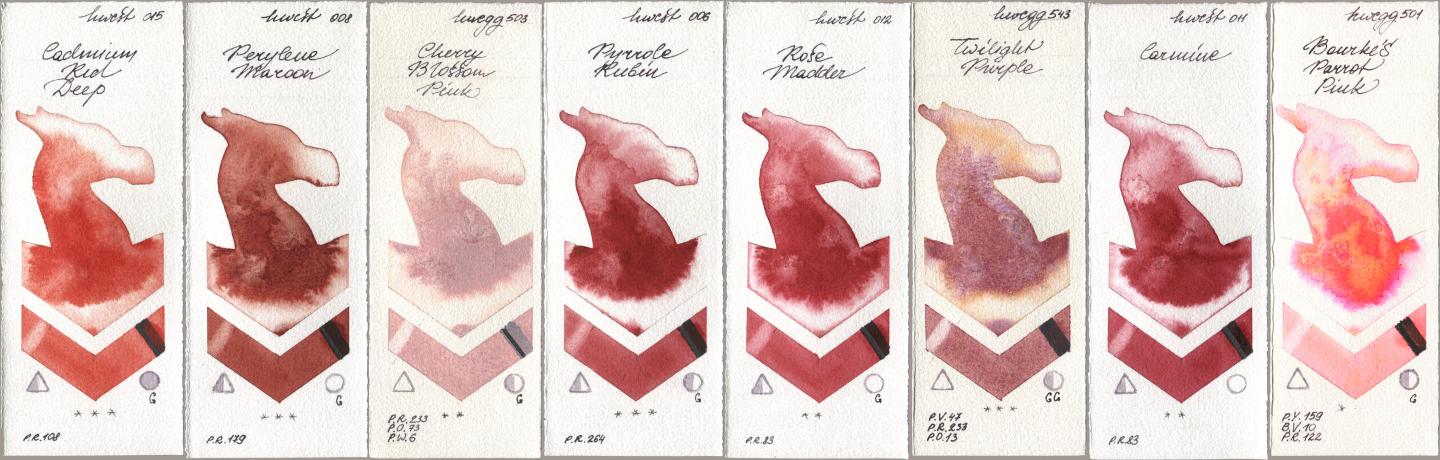 Holbein Artists Watercolor 015 Cadmium Red Deep, 008 Perylene Maroon, 503 Cherry Blossom Pink, 006 Pyrrole Rubin, 012 Rose Madder, 543 Twilight Purple, 011 Carmine, 501 Bourkes Parrot Pi watercolor swatch