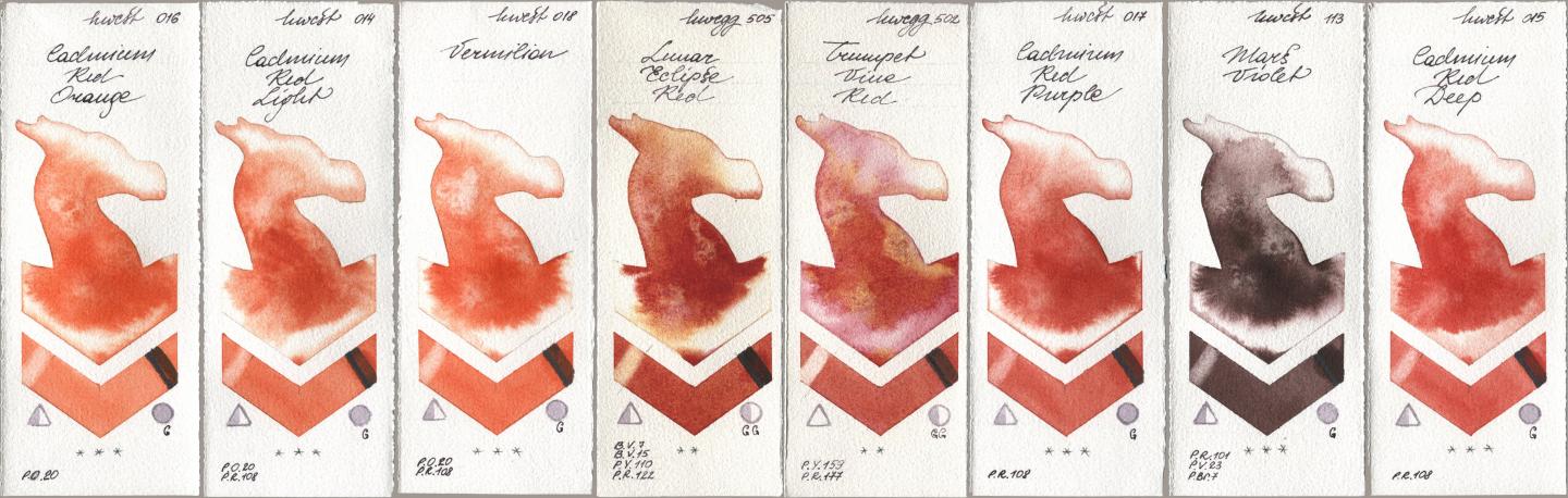 Holbein Artists Watercolor 016 Cadmium Red Orange, 014 Cadmium Red Light, 018 Vermilion, 505 Lunar Eclipse Red, 502 Trumpet Vine Red, 017 Cadmium Red Purple, 113 Mars Violet, 015 Cadmium Red De watercolor swatch