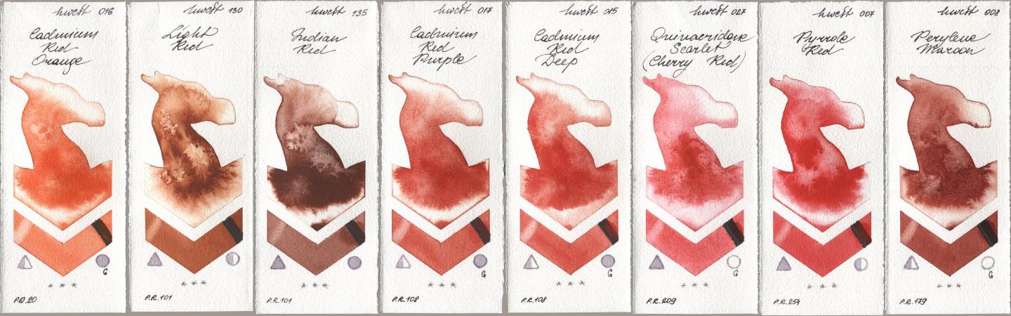 Holbein Artists Watercolor 016 Cadmium Red Orange, 130 Light Red, 135 Indian Red, 017 Cadmium Red Purple, 015 Cadmium Red Deep, 027 Quinacridone Scarlet (Cherry Red), 007 Pyrrole Red, 008 Perylene Maro watercolor swatch
