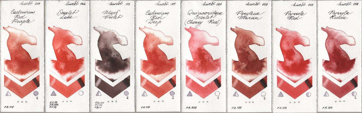 Holbein Artists Watercolor 017 Cadmium Red Purple, 022 Scarlet Lake, 113 Mars Violet, 015 Cadmium Red Deep, 027 Quinacridone Scarlet (Cherry Red), 008 Perylene Maroon, 007 Pyrrole Red, 006 Pyrrole Rub watercolor swatch