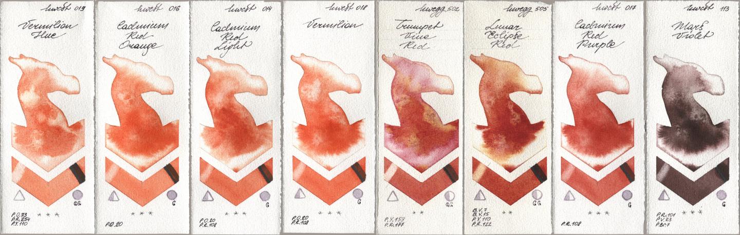 Holbein Artists Watercolor 019 Vermilion Hue, 016 Cadmium Red Orange, 014 Cadmium Red Light, 018 Vermilion, 502 Trumpet Vine Red, 505 Lunar Eclipse Red, 017 Cadmium Red Purple, 113 Mars Viol watercolor swatch