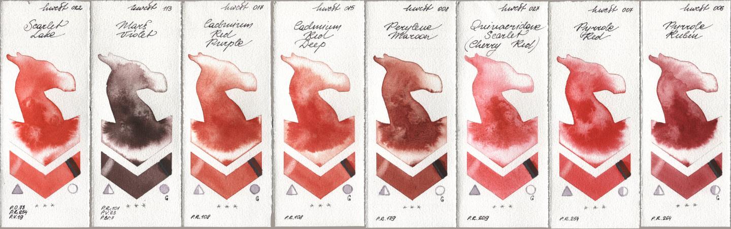 Holbein Artists Watercolor 022 Scarlet Lake, 113 Mars Violet, 017 Cadmium Red Purple, 015 Cadmium Red Deep, 008 Perylene Maroon, 027 Quinacridone Scarlet (Cherry Red), 007 Pyrrole Red, 006 Pyrrole Rub watercolor swatch