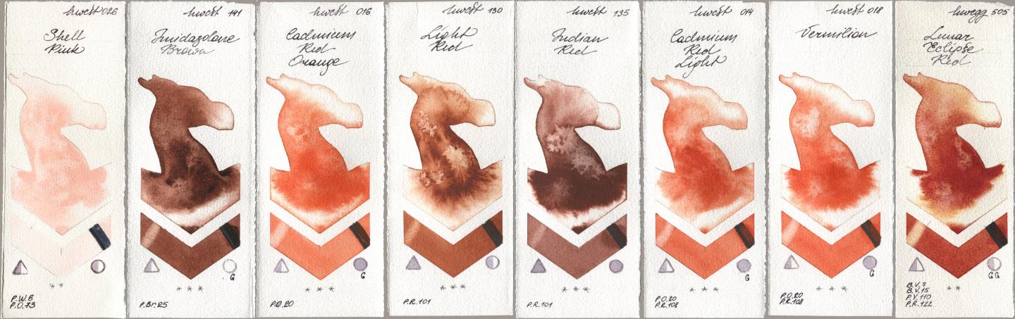 Holbein Artists Watercolor 026 Shell Pink, 141 Imidazolone Brown, 016 Cadmium Red Orange, 130 Light Red, 135 Indian Red, 014 Cadmium Red Light, 018 Vermilion, 505 Lunar Eclipse R watercolor swatch
