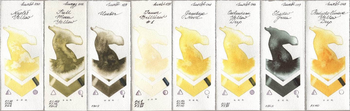 Holbein Artists Watercolor 030 Naples Yellow, 512 Full Moon Yellow, 129 Umber, 031 Jaune Brilliant No 1, 048 Gamboge Nova, 043 Cadmium Yellow Deep, 079 Shadow Green, 049 Isoindolinone Yellow De watercolor swatch