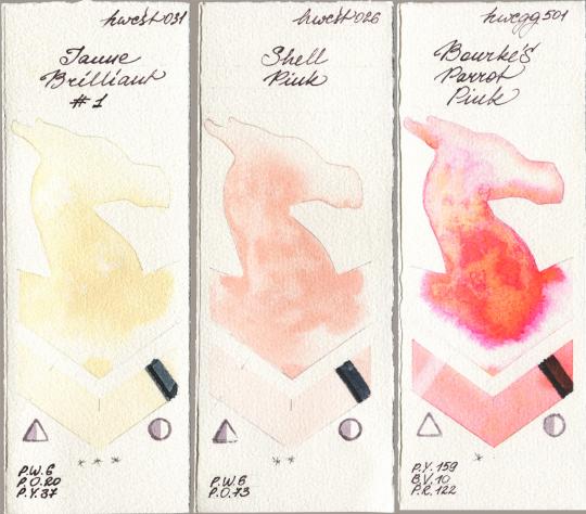 Holbein Artists Watercolor 031 Jaune Brilliant No 1 vs 026 Shell Pink vs 501 Bourkes Parrot Pink watercolor swatch