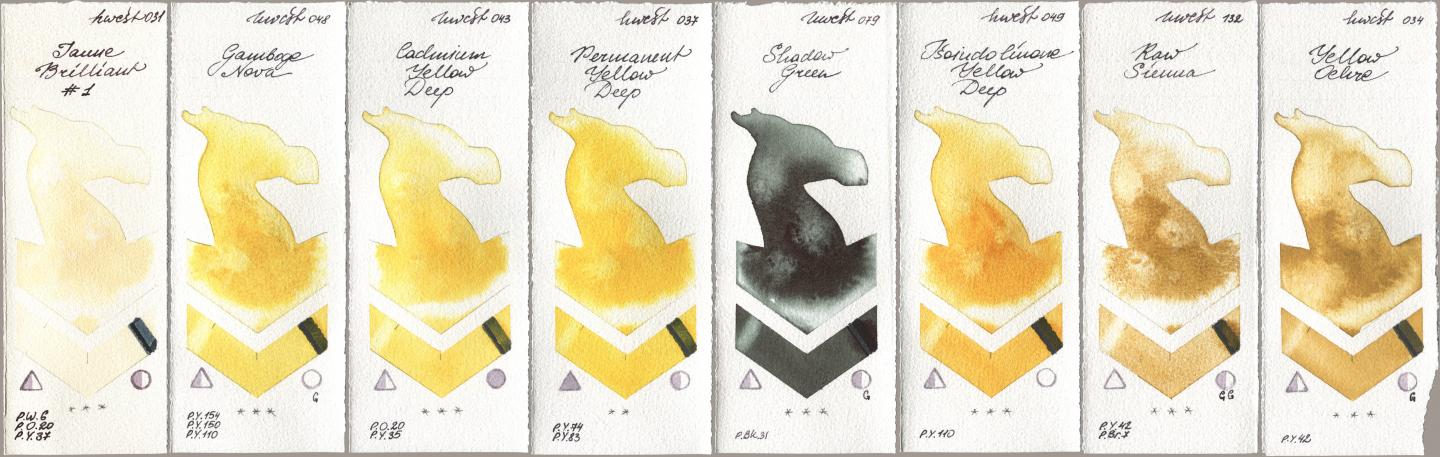Holbein Artists Watercolor 031 Jaune Brilliant No 1, 048 Gamboge Nova, 043 Cadmium Yellow Deep, 037 Permanent Yellow Deep, 079 Shadow Green, 049 Isoindolinone Yellow Deep, 132 Raw Sienna, 034 Yellow Och watercolor swatch