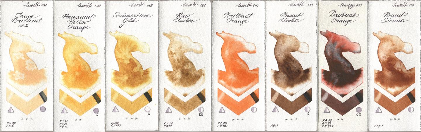 Holbein Artists Watercolor 032 Jaune Brillant No 2, 038 Permanent Yellow Orange, 142 Quinacridone Gold, 131 Raw Umber, 047 Brilliant Orange, 133 Burnt Umber, 551 Daybreak Orange, 134 Burnt Sien watercolor swatch