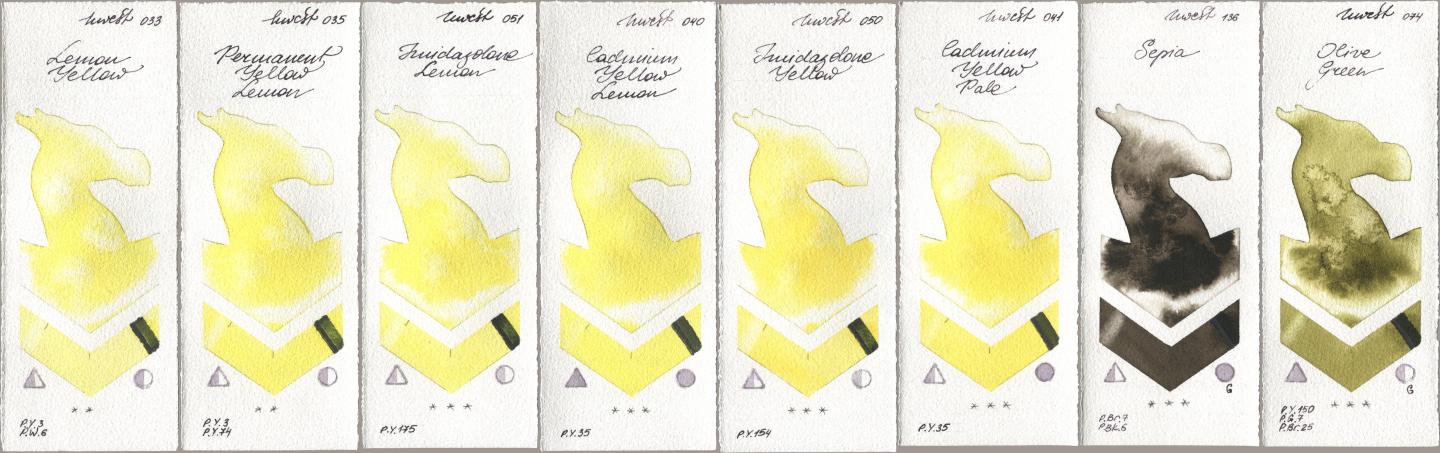 Holbein Artists Watercolor 033 Lemon Yellow, 035 Permanent Yellow Lemon, 051 Imidazolone Lemon, 040 Cadmium Yellow Lemon, 050 Imidazolone Yellow, 041 Cadmium Yellow Pale, 136 Sepia, 074 Olive Gre watercolor swatch