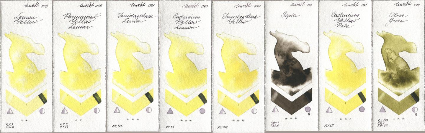 Holbein Artists Watercolor 033 Lemon Yellow, 035 Permanent Yellow Lemon, 051 Imidazolone Lemon, 040 Cadmium Yellow Lemon, 050 Imidazolone Yellow, 136 Sepia, 041 Cadmium Yellow Pale, 074 Olive Gre watercolor swatch
