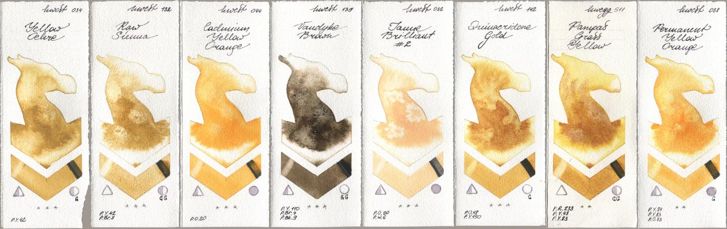 Holbein Artists Watercolor 034 Yellow Ochre, 132 Raw Sienna, 044 Cadmium Yellow Orange, 139 Vandyke Brown, 032 Jaune Brillant No 2, 142 Quinacridone Gold, 511 Pampas Grass Yellow, 038 Permanent Yellow Oran watercolor swatch