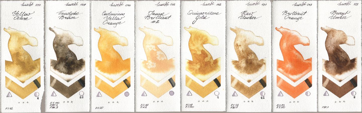 Holbein Artists Watercolor 034 Yellow Ochre, 139 Vandyke Brown, 044 Cadmium Yellow Orange, 032 Jaune Brillant No 2, 142 Quinacridone Gold, 131 Raw Umber, 047 Brilliant Orange, 133 Burnt Umb watercolor swatch