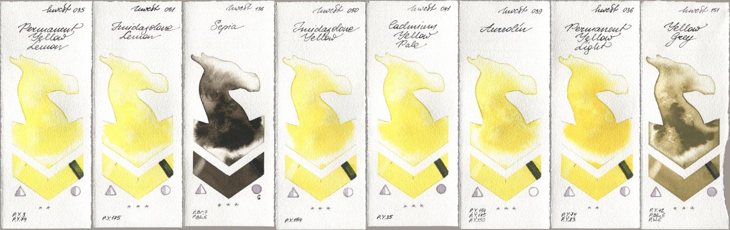 Holbein Artists Watercolor 035 Permanent Yellow Lemon, 051 Imidazolone Lemon, 136 Sepia, 050 Imidazolone Yellow, 041 Cadmium Yellow Pale, 039 Aureolin, 036 Permanent Yellow Light, 151 Yellow Gr watercolor swatch