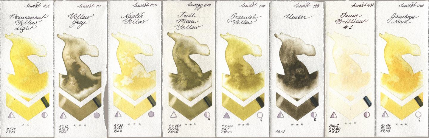 Holbein Artists Watercolor 036 Permanent Yellow Light, 151 Yellow Grey, 030 Naples Yellow, 512 Full Moon Yellow, 046 Greenish Yellow, 129 Umber, 031 Jaune Brilliant No 1, 048 Gamboge No watercolor swatch