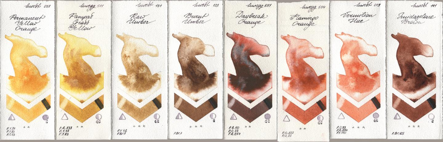 Holbein Artists Watercolor 038 Permanent Yellow Orange, 511 Pampas Grass Yellow, 131 Raw Umber, 133 Burnt Umber, 551 Daybreak Orange, 504 Flamingo Orange, 019 Vermilion Hue, 141 Imidazolone Bro watercolor swatch