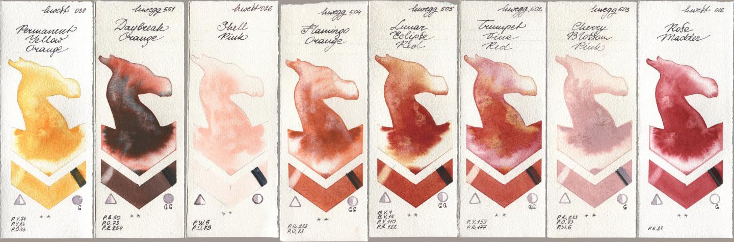 Holbein Artists Watercolor 038 Permanent Yellow Orange, 551 Daybreak Orange, 026 Shell Pink, 504 Flamingo Orange, 505 Lunar Eclipse Red, 502 Trumpet Vine Red, 503 Cherry Blossom Pink, 012 Rose Madd watercolor swatch