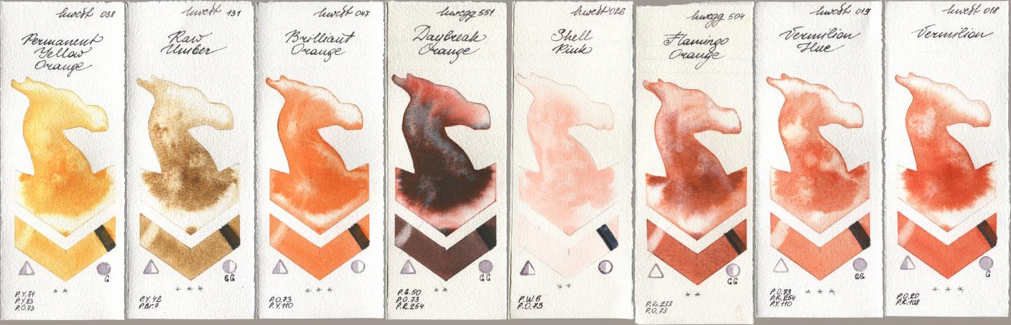 Holbein Artists Watercolor 038 Permanent Yellow Orange, 131 Raw Umber, 047 Brilliant Orange, 551 Daybreak Orange, 026 Shell Pink, 504 Flamingo Orange, 019 Vermilion Hue, 018 Vermili watercolor swatch