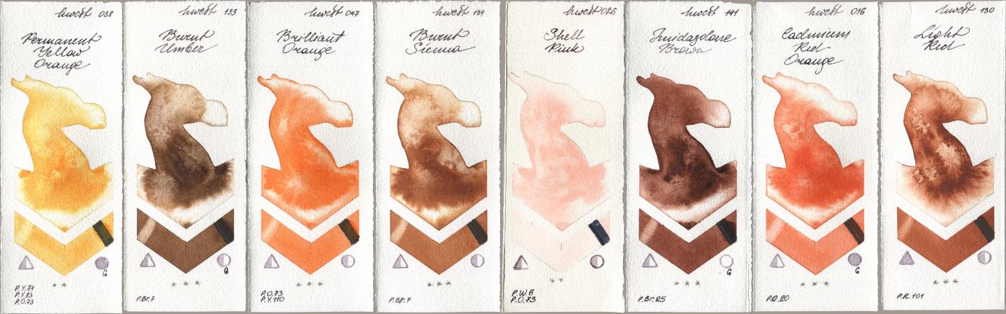 Holbein Artists Watercolor 038 Permanent Yellow Orange, 133 Burnt Umber, 047 Brilliant Orange, 134 Burnt Sienna, 026 Shell Pink, 141 Imidazolone Brown, 016 Cadmium Red Orange, 130 Light R watercolor swatch
