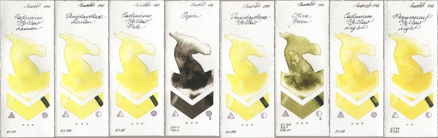 Holbein Artists Watercolor 040 Cadmium Yellow Lemon, 051 Imidazolone Lemon, 041 Cadmium Yellow Pale, 136 Sepia, 050 Imidazolone Yellow, 074 Olive Green, 042 Cadmium Yellow Light, 036 Permanent Yellow Lig watercolor swatch