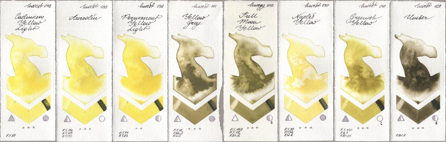 Holbein Artists Watercolor 042 Cadmium Yellow Light, 039 Aureolin, 036 Permanent Yellow Light, 151 Yellow Grey, 512 Full Moon Yellow, 030 Naples Yellow, 046 Greenish Yellow, 129 Umb watercolor swatch
