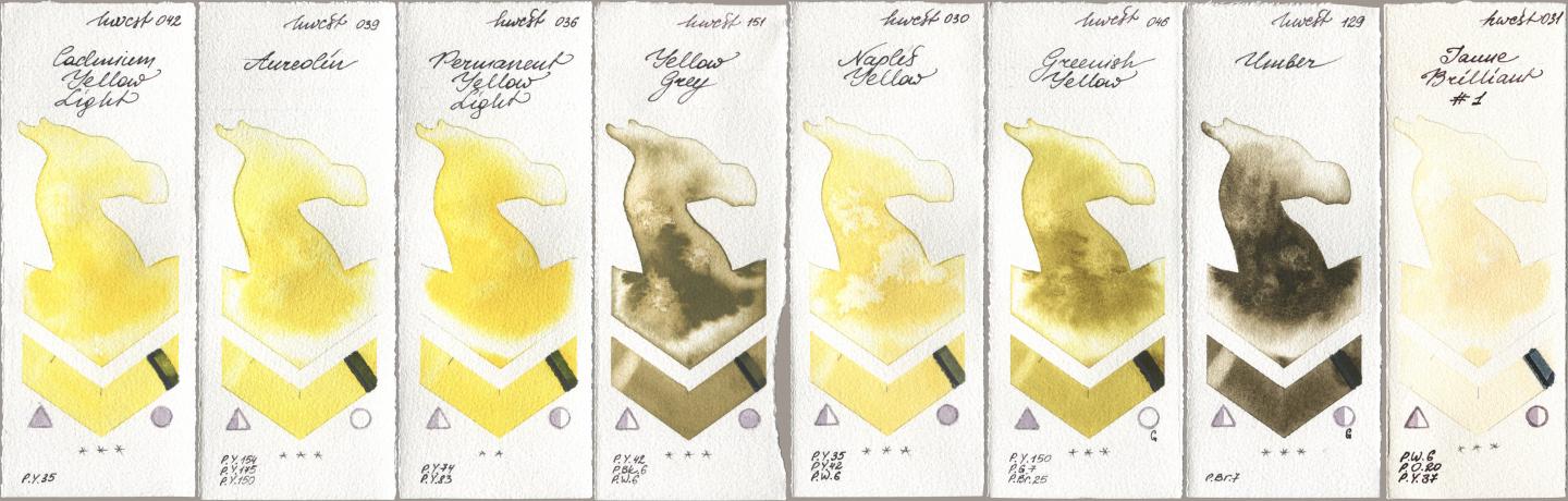 Holbein Artists Watercolor 042 Cadmium Yellow Light, 039 Aureolin, 036 Permanent Yellow Light, 151 Yellow Grey, 030 Naples Yellow, 046 Greenish Yellow, 129 Umber, 031 Jaune Brilliant No watercolor swatch