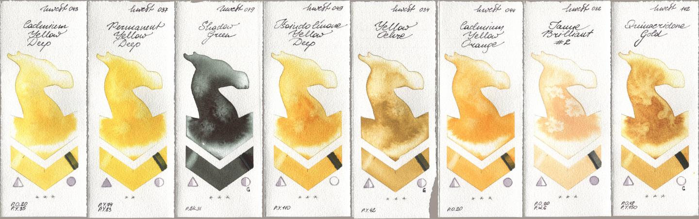 Holbein Artists Watercolor 043 Cadmium Yellow Deep, 037 Permanent Yellow Deep, 079 Shadow Green, 049 Isoindolinone Yellow Deep, 034 Yellow Ochre, 044 Cadmium Yellow Orange, 032 Jaune Brillant No 2, 142 Quinacridone Go watercolor swatch